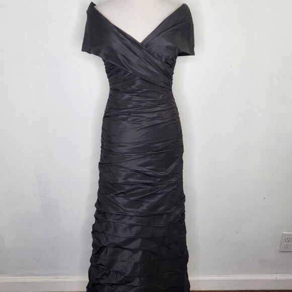 Teri Jon by Rickie Freeman Metallic Off The Shoulder Silk Maxi Evening Gown 8 - Picture 1 of 13